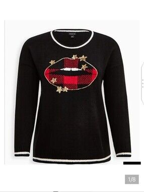 🆕💋 3X BLACK CREW SWEATER WITH SEQUIN STARS + PLAID LIPS💋